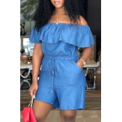 Lovely Casual Flounce Blue Denim One-piece Rompers