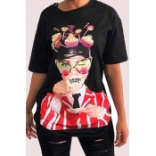 Lovely Casual cartoon characters  Black Tshirt