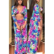 Lovely Casual Floral Print Blue Two-piece Swimsuit