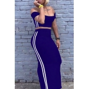 Lovely Euramerican Dew Shoulder Dark Blue Two-piec