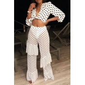 Lovely Casual Dots Printed White Two-piece Pants S