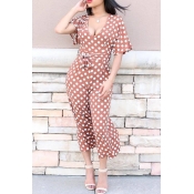 Lovely Euramerican Dots Printed Coffee One-piece J