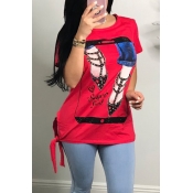 Lovely Casual Printed Red Twilled Satin T-shirt