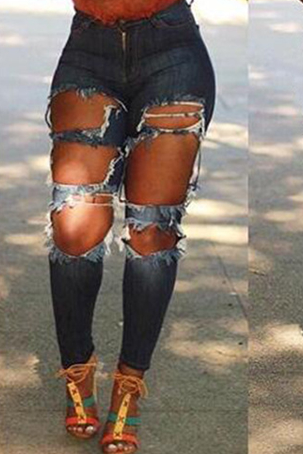 Lovely Street Broken Holes Deep Blue Jeans