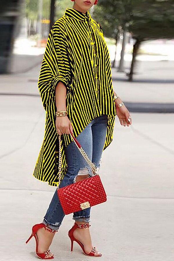 

Lovely Casual Asymmetrical Striped Yellow Blouse