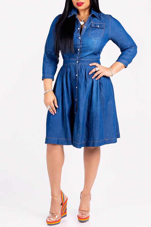 

Lovely Euramerican Turndown Collar Buttons Blue Cotton Knee Length Dress