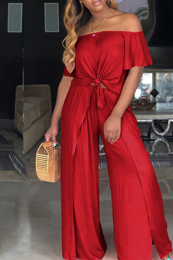 

Lovely Euramerican Dew Shoulder Side Slit Red Two-piece Pants Set