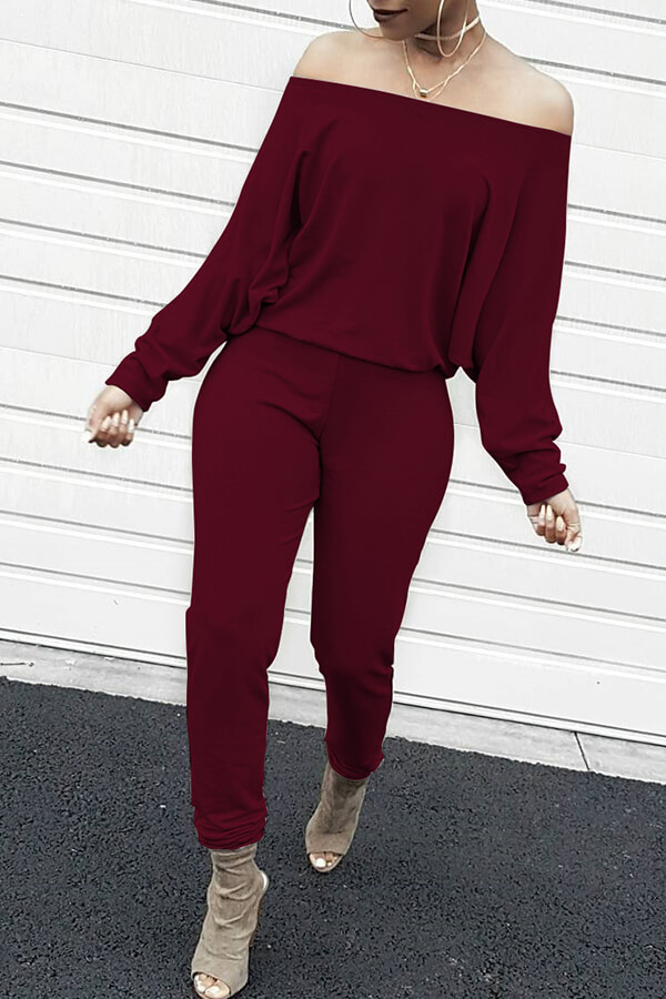 

Lovely Casual Dew Shoulder Blending Wine Red One-piece Jumpsuit