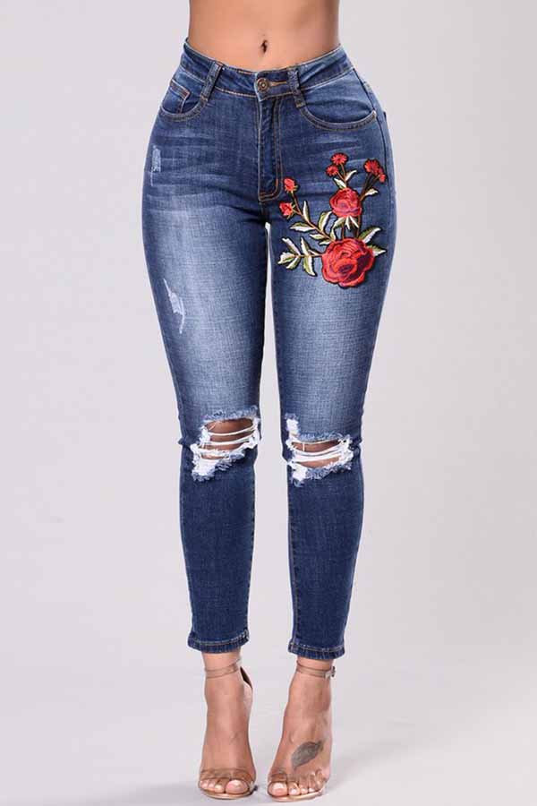 

Lovely Casual Broken Holes Deep Blue Jeans