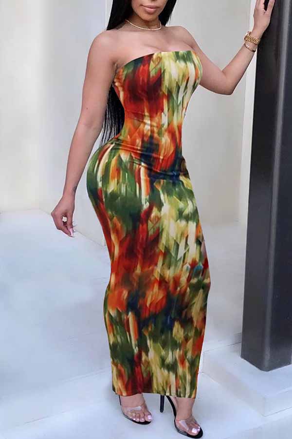 

Lovely Euramerican Dew Shoulder Printed Multicolor Knitting Floor Length Dress