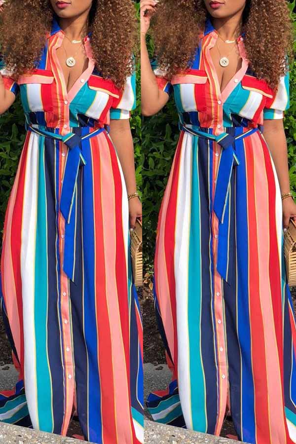 

Lovely Bohemian Striped Pink Blending Floor Length Dress