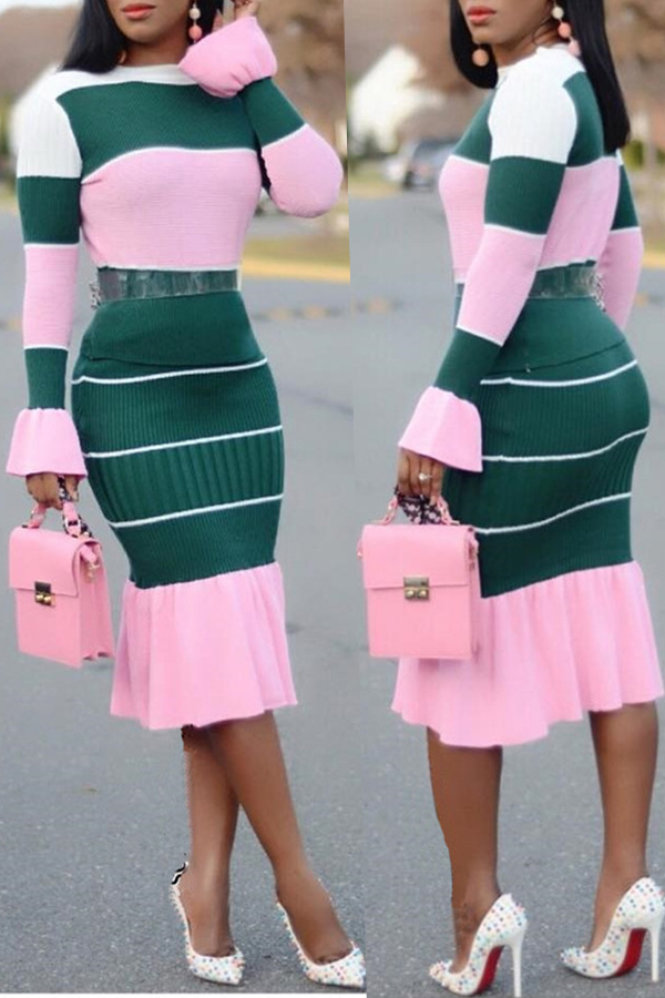 

Lovely Casual Patchwork Pink Blending Two-piece Skirt Set