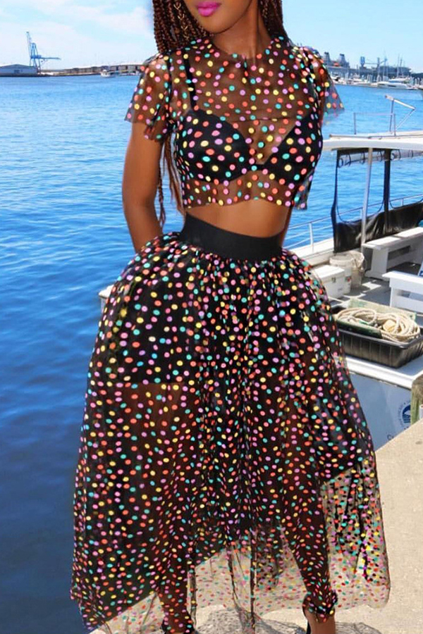 

Lovely Casual Dots Printed Black Blending Two-piece Skirt Set