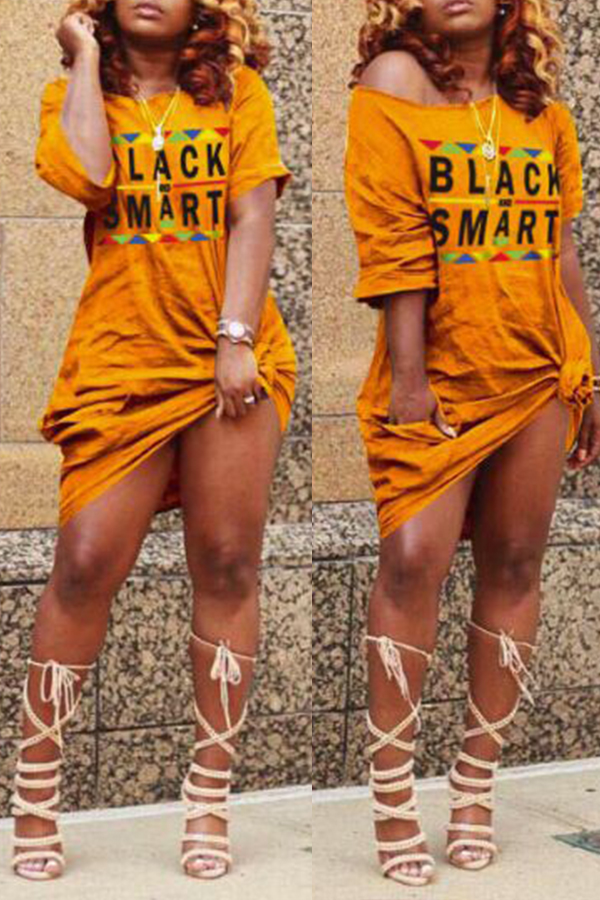 

Lovely Euramerican Letters Printed Orange Knee Length Dress