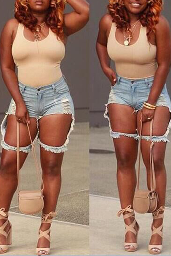 

Lovely Street Style Broken Holes Light Blue Denim Shorts