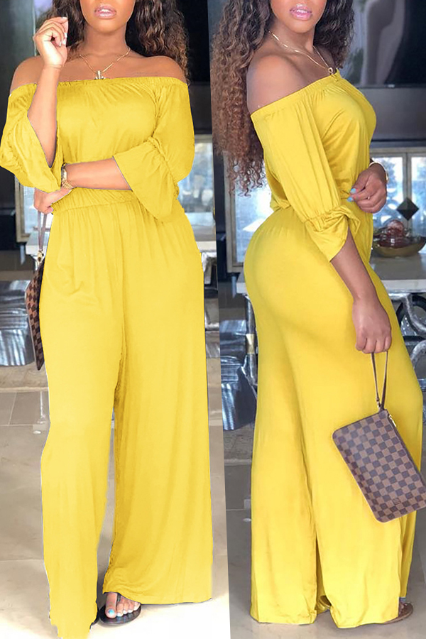 

Lovely Euramerican Dew Shoulder Loose Yellow Blending One-piece Jumpsuit