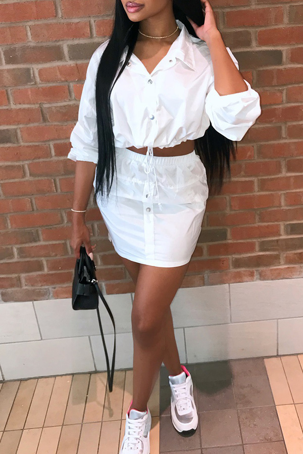

Lovely Casual Turndown Collar Long Sleeves White Two-piece Skirt Set