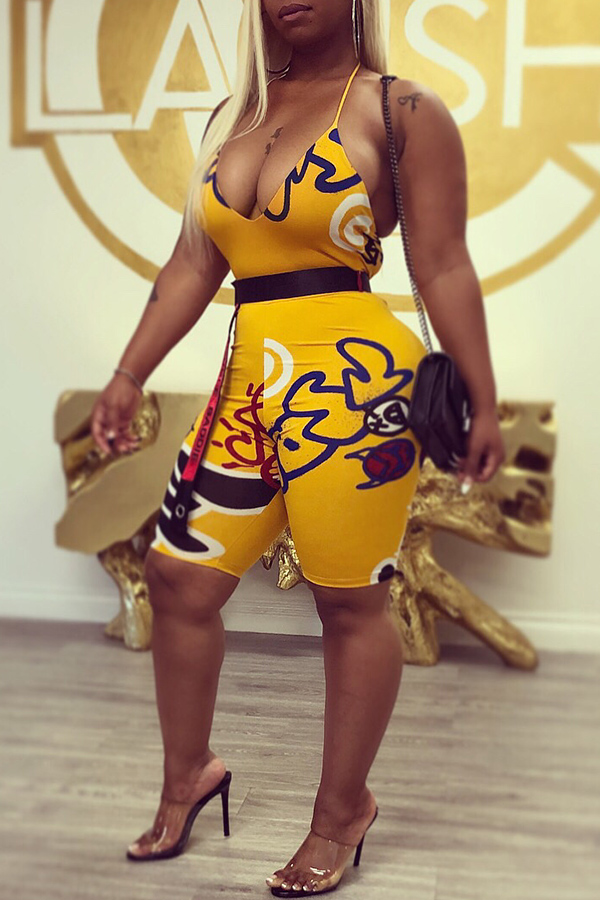 

Lovely Euramerican Backless Printed Yellow One-piece Rompers