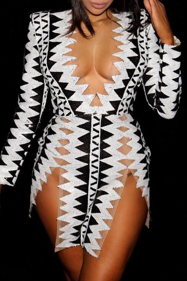 

Lovely Sexy Party Geometric Printed White Mini Dress