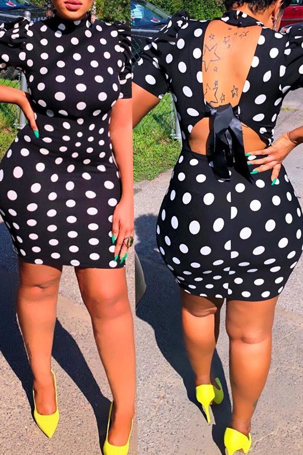 

Lovely Vintage Dots Printed Sheath Black Mini Dress