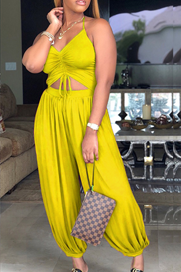 

Lovely Fashion Hollow-out Yellow One-piece Jumpsuits
