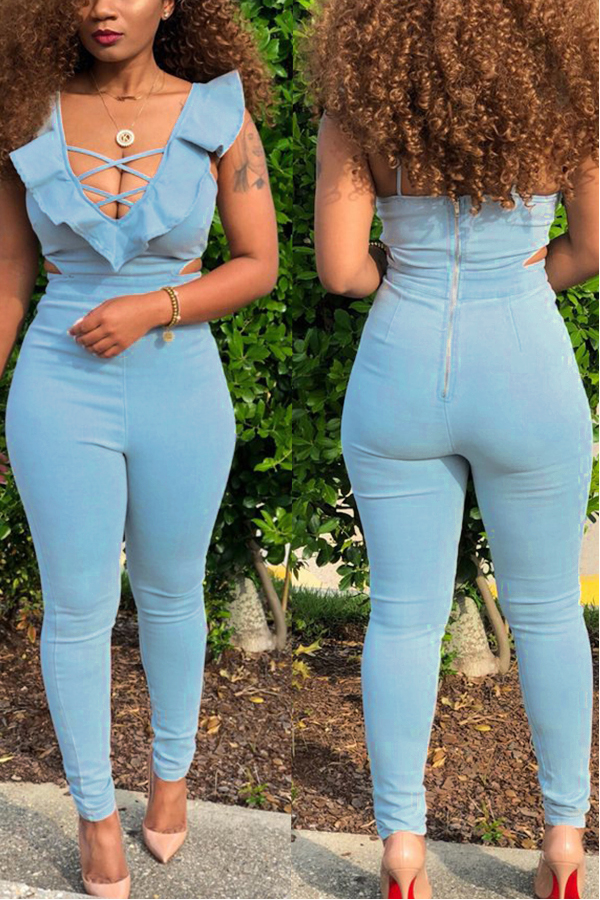 

Lovely Euramerican Hollowed-out Light Blue Twilled Satin One-piece Jumpsuit