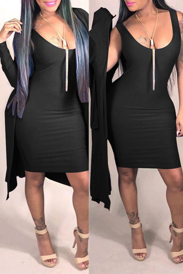 

Lovely Casual Slim Black Two-pieces Dress(Dress+Coat)