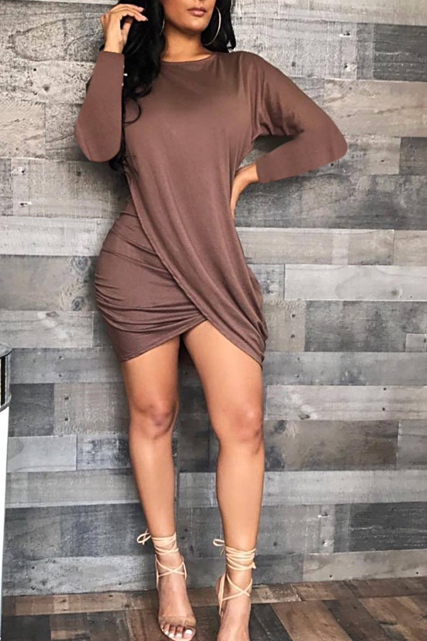 

Lovely Casual Long Sleeves Plicated Design Khaki Blending Mini Dress
