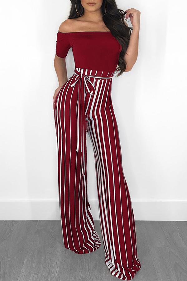 

Lovely Vogue Striped Patchwork Red One-piece Jumpsuit