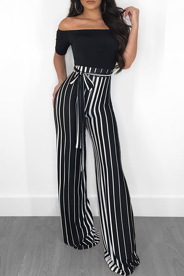 

Lovely Vogue Striped Patchwork Black One-piece Jumpsuit