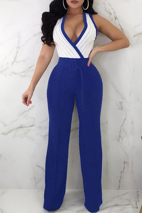 

Lovely Euramerican Patchwork Blue Blending One-piece Jumpsuit