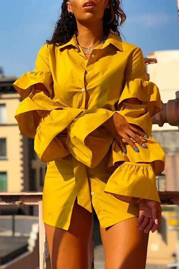 

Lovely Casual Layered Ruffles Yellow Mini Dress