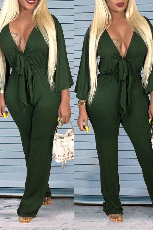

Lovely Euramerican V Neck Knot Design Green One-piece Jumpsuit