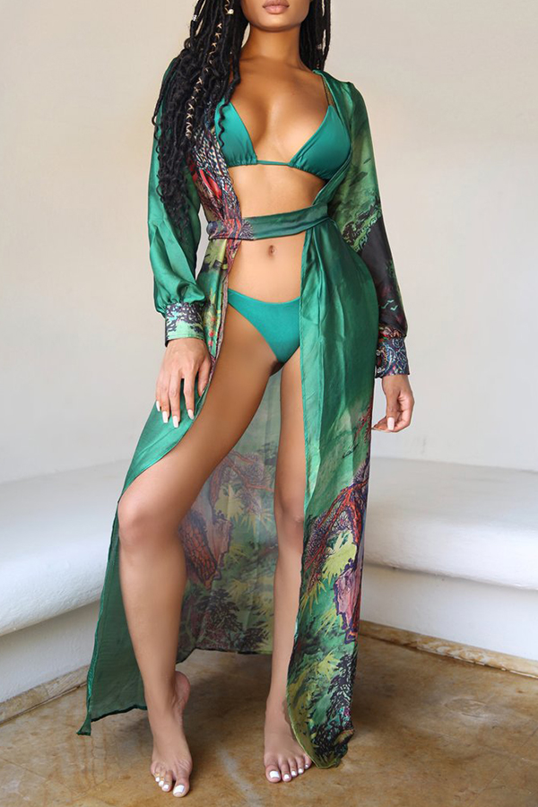 Lovely Casual Floral Printed Green Chiffon Cover-Up(Without Bra Set)