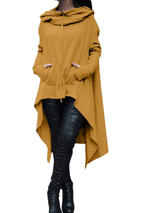 

Lovely Casual Asymmetrical Drawstring Long Yellow Cotton Hoodies