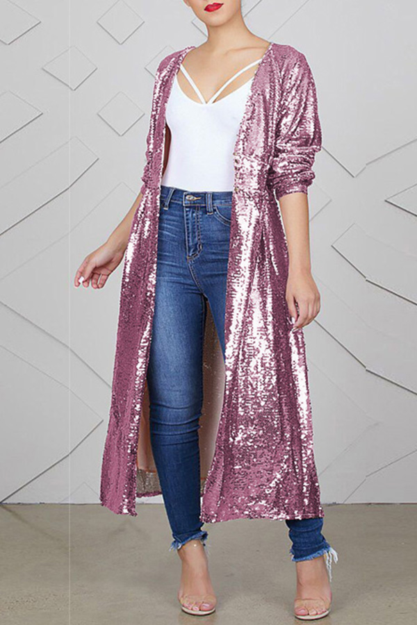 

Lovely Euramerican Sequined Decorative Long Pink Coat