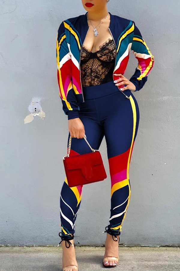 

Lovely Sportswear Patchwork Deep Blue Blending Two-piece Pants Set