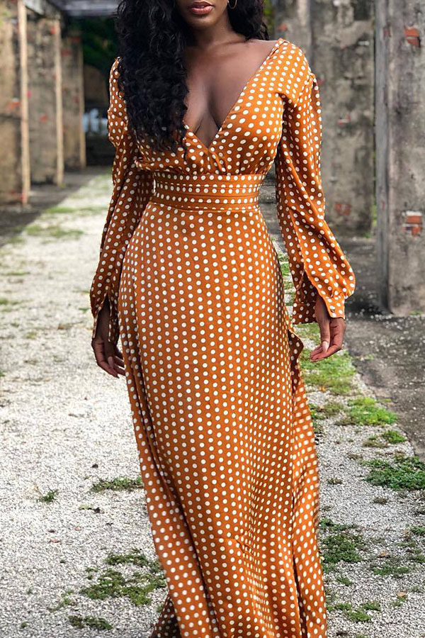 

Lovely Bohemian Long Sleeves Dots Printed Brown Floor Length Dress