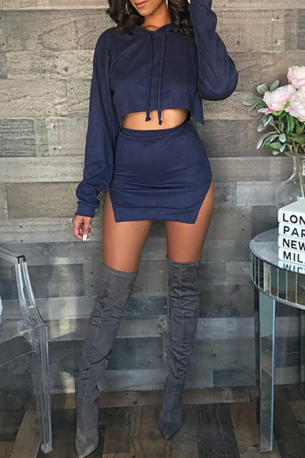 

Lovely Casual Hooded Collar Slit Blue Two-piece Skirt Set
