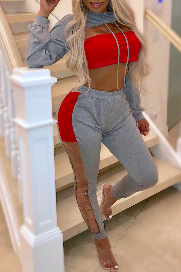 

Lovely Casual Hooded Collar Patchwork Grey Blending Two-piece Pants Set