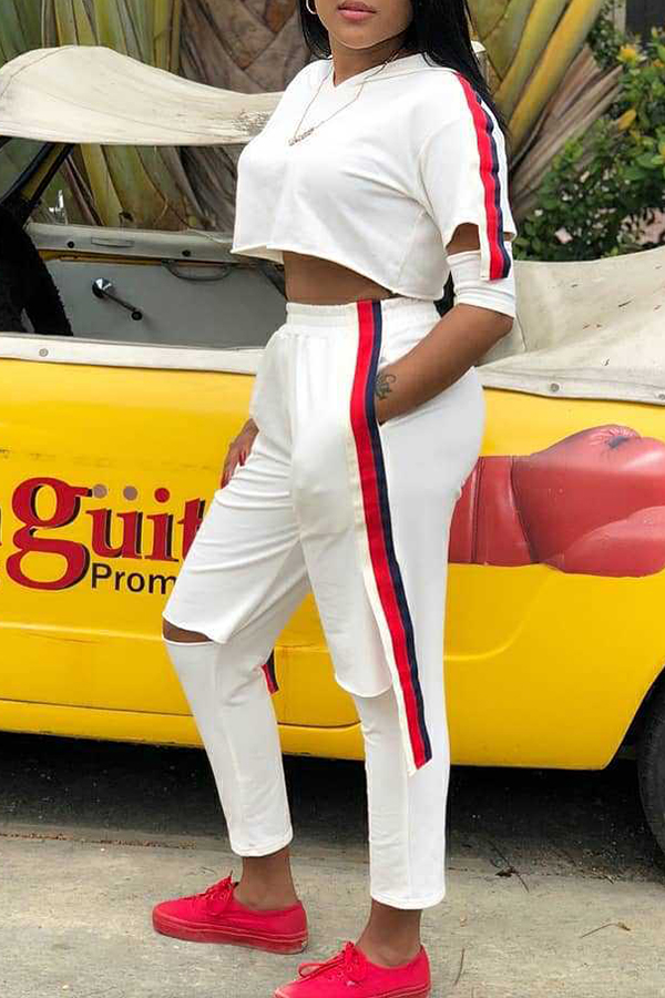 

Lovely Sportswear Striped Patchwork White Twilled Satin Two-piece Pants Set