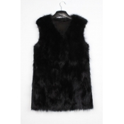 Lovely Casual V Neck Black Faux Fur Vests