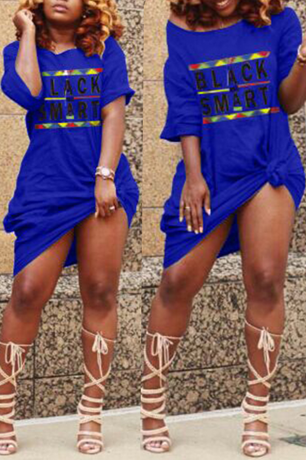 

Lovely Euramerican Letters Printed Blue Knee Length Dress, Royalblue