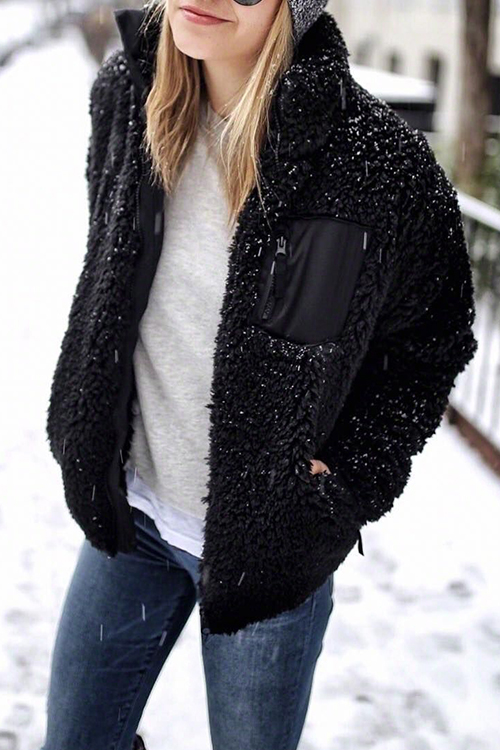 

Lovely Casual Long Sleeves Patchwork Black Jacket