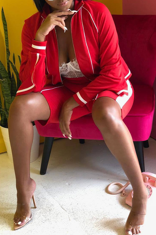 

Lovely Casual Striped Red Twilled Satin Two-piece Shorts Set