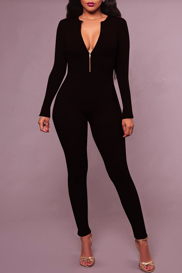 

Lovely Casual V Neck Skinny Black Cotton One-piece Jumpsuit(Without Belt)