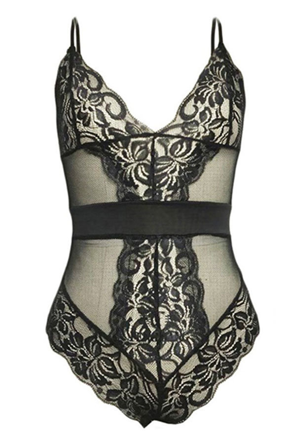

Lovely Sexy Lace Spliced Lace-up Black Lace Teddies