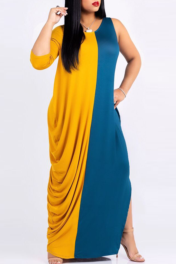 

Lovely Casual Patchwork Yellow Ankle Length Dress