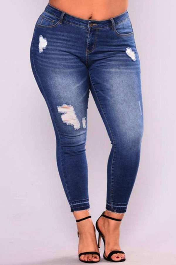 

Lovely Casual Broken Holes Deep Blue Jeans