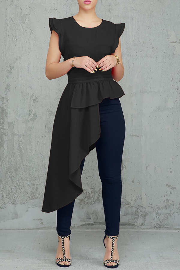 

Lovely Trendy Asymmetrical Butterfly Sleeves Black Twilled Satin Blouses